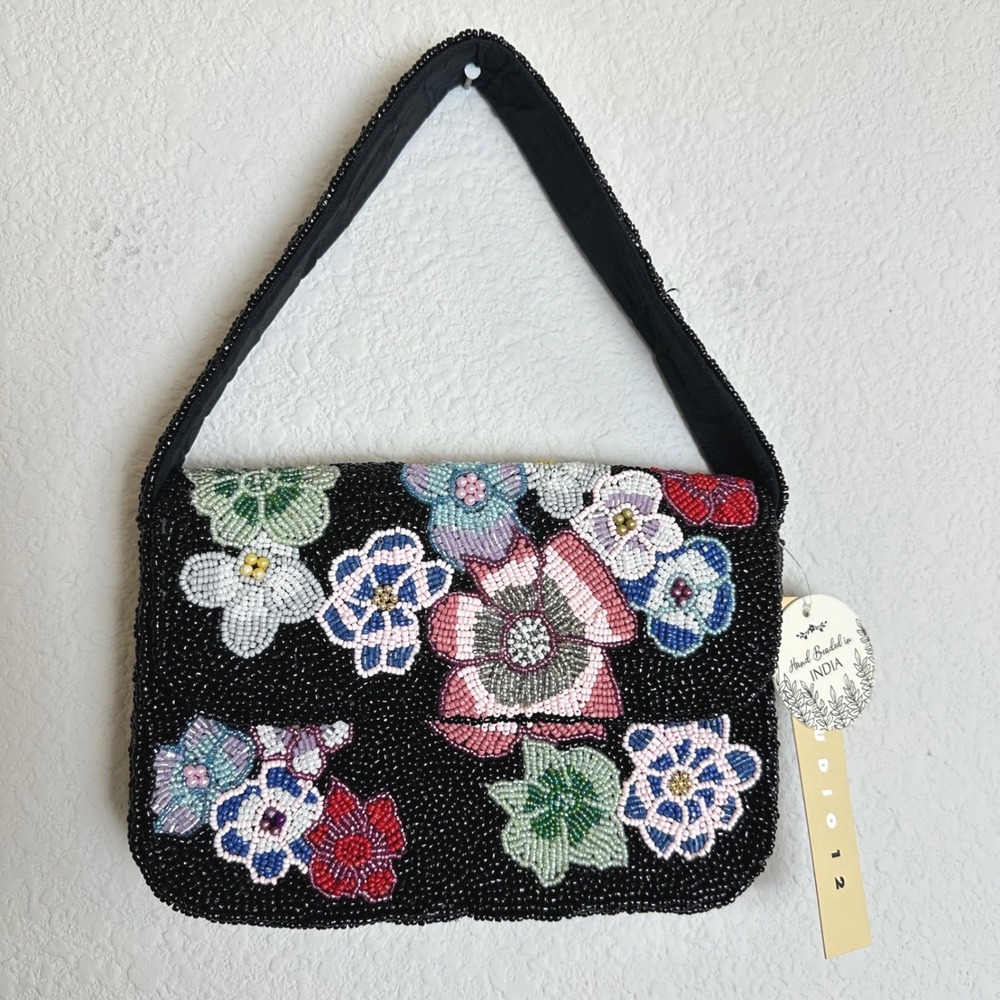 Studio 12 Hand Beaded Floral Shoulder Bag Black Multicolor Seed Bead India NWT